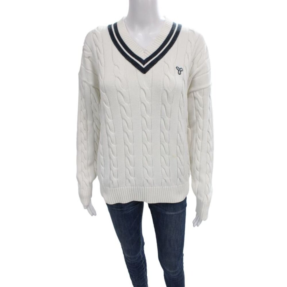 TNA Womens White V Neck Long Sleeve Pullover 96% Cotton Size S
